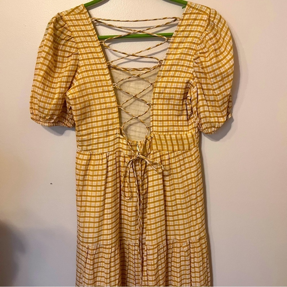 NWT Yellow Checked Tiered Midi Dress - Picture 4 of 7